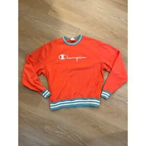 Champion Men Reverse Weave Striped Collar Sweatshirt large Orange/Papaya